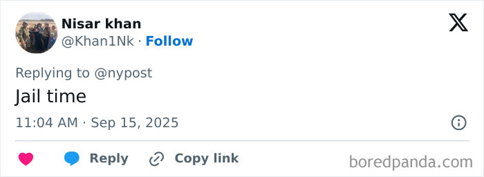 Screenshot of a Twitter reply stating jail time, related to maniac driver shocking response to cops after running over teen.