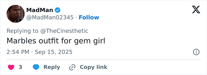 User's social media comment about Marbles outfit for gem girl in a Twitter reply discussing Jenna Ortega’s stylist request after viral Emmy outfit. User's social media comment about Marbles outfit for gem girl in a Twitter reply discussing Jenna Ortega’s stylist request after viral Emmy outfit.