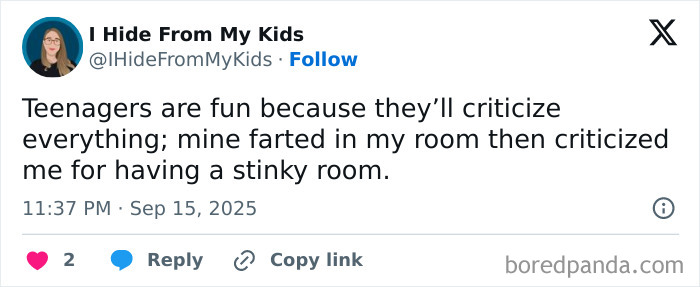 Funny parenting post about teenagers criticizing everything, shared on social media for relatable parenting humor and laughs.