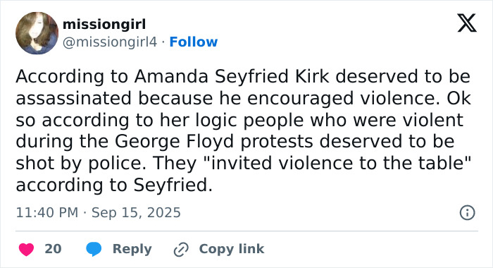 Screenshot of a Twitter post criticizing Amanda Seyfried’s comments on Charlie Kirk and violence during protests. Screenshot of a Twitter post criticizing Amanda Seyfried’s comments on Charlie Kirk and violence during protests.