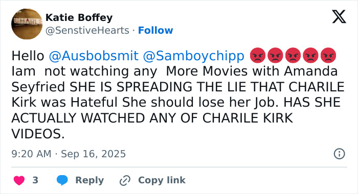 Screenshot of a tweet criticizing Amanda Seyfried for calling Charlie Kirk hateful after his death, sparking backlash. Screenshot of a tweet criticizing Amanda Seyfried for calling Charlie Kirk hateful after his death, sparking backlash.