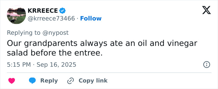 Tweet text showing a user replying about grandparents eating oil and vinegar salad as a biohacking trick to stay fit. Tweet text showing a user replying about grandparents eating oil and vinegar salad as a biohacking trick to stay fit.