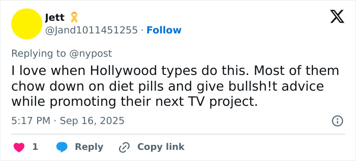 Tweet by user Jett criticizing Hollywood types for promoting diet pills while endorsing TV projects, discussing biohacking fitness tips. Tweet by user Jett criticizing Hollywood types for promoting diet pills while endorsing TV projects, discussing biohacking fitness tips.