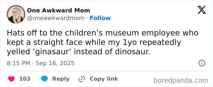 Parenting post about a toddler amusingly saying ginasaur instead of dinosaur at a children’s museum.