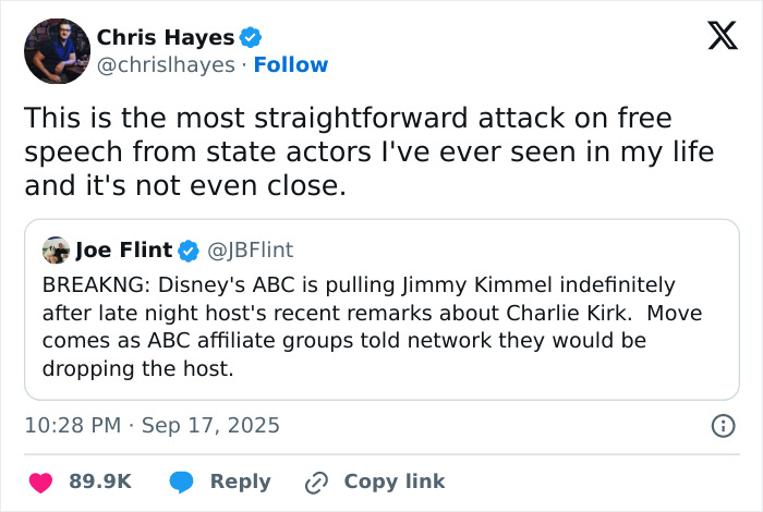 Tweet discussing Disney ABC suspending Jimmy Kimmel's show after controversial remarks with reactions from Hollywood stars. Tweet discussing Disney ABC suspending Jimmy Kimmel's show after controversial remarks with reactions from Hollywood stars.