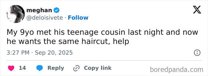 Tweet about parenting humor featuring a child's funny haircut request, fitting the 123 parenting posts keyword.