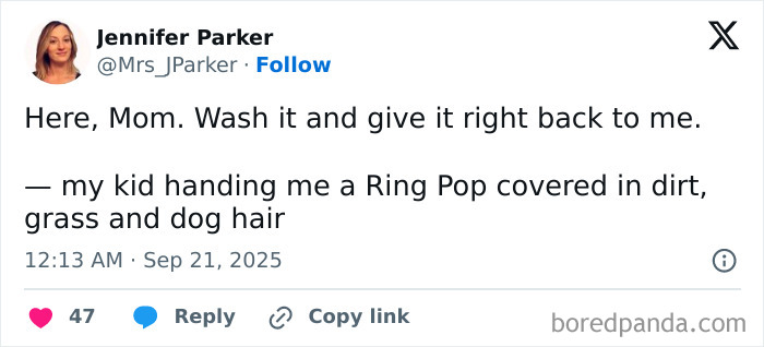 Tweet showing a funny parenting post about a kid handing a dirty Ring Pop to their mom, humor in parenting moments.