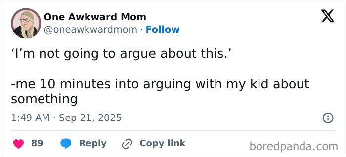 Screenshot of a humorous parenting post about arguing with a kid, highlighting relatable parenting moments.