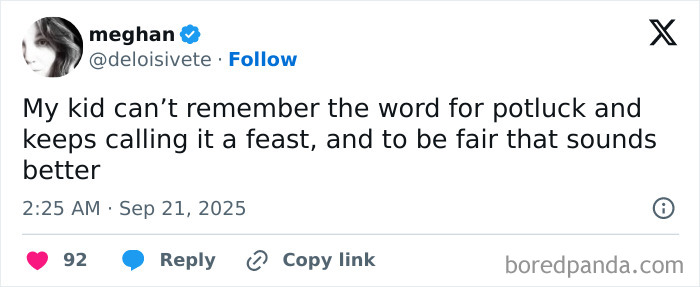 Tweet by Meghan humorously sharing a parenting post about a child calling potluck a feast, highlighting funny parenting moments.
