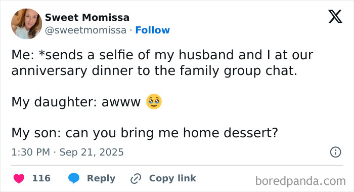 Parenting post screenshot showing a humorous family group chat about anniversary selfie and dessert request.