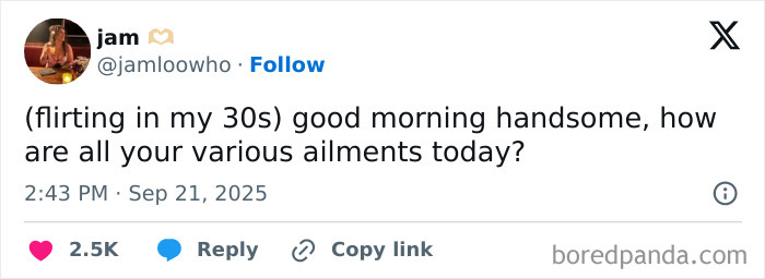 Screenshot of a funny tweet from September where someone humorously flirts while asking about ailments.
