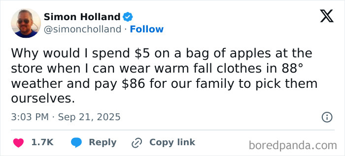 Tweet by Simon Holland humorously questioning spending on apples, part of the funniest tweets of September collection.