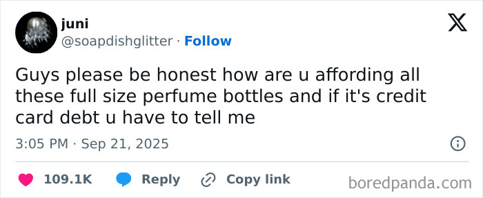 Screenshot of a funny tweet about affording full-size perfume bottles, part of the funniest tweets of September collection.