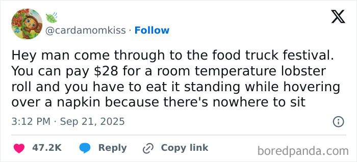 Screenshot of a funny tweet about paying $28 for a lobster roll at a food truck festival, part of funniest tweets of September.