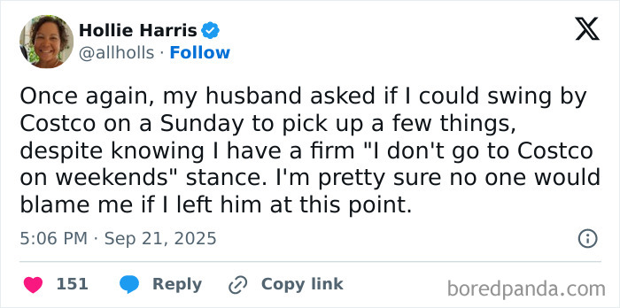 Parenting post humor tweet about weekend Costco trips and marriage struggles, showing relatable family life moments.