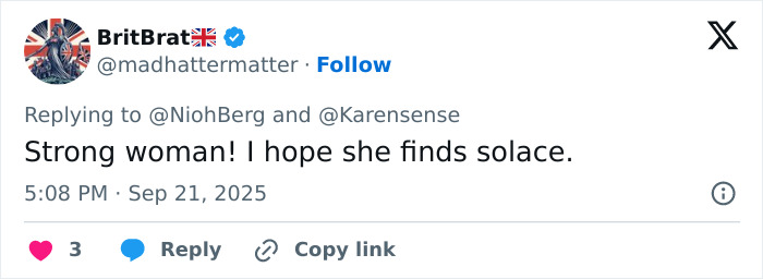 Screenshot of a social media reply expressing support for Erika Kirk speaking on justice for husband’s assassin. Screenshot of a social media reply expressing support for Erika Kirk speaking on justice for husband’s assassin.