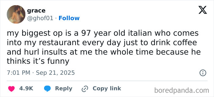 Tweet about a 97-year-old Italian who visits a restaurant daily to drink coffee and humorously hurl insults.