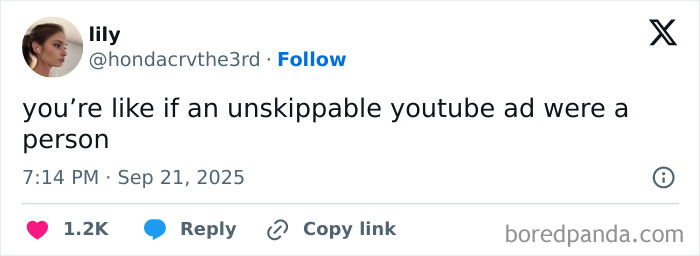 Screenshot of a funny tweet comparing an unskippable YouTube ad to a person, part of the funniest tweets of September.