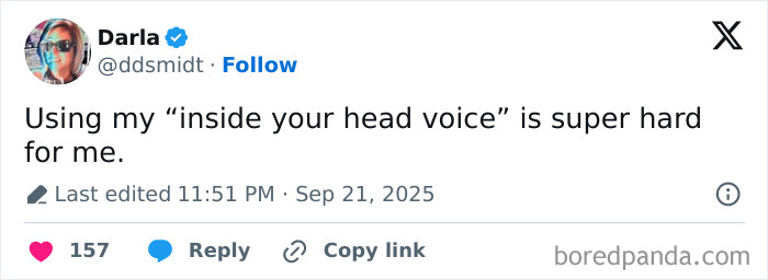 Screenshot of a parenting tweet humorously describing the challenge of using an inside your head voice in daily life.