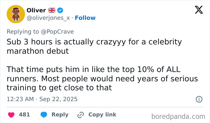 Tweet praising Harry Styles for his impressive Berlin marathon speed, noting top 10 percent finish for celebrity debut runner. Tweet praising Harry Styles for his impressive Berlin marathon speed, noting top 10 percent finish for celebrity debut runner.