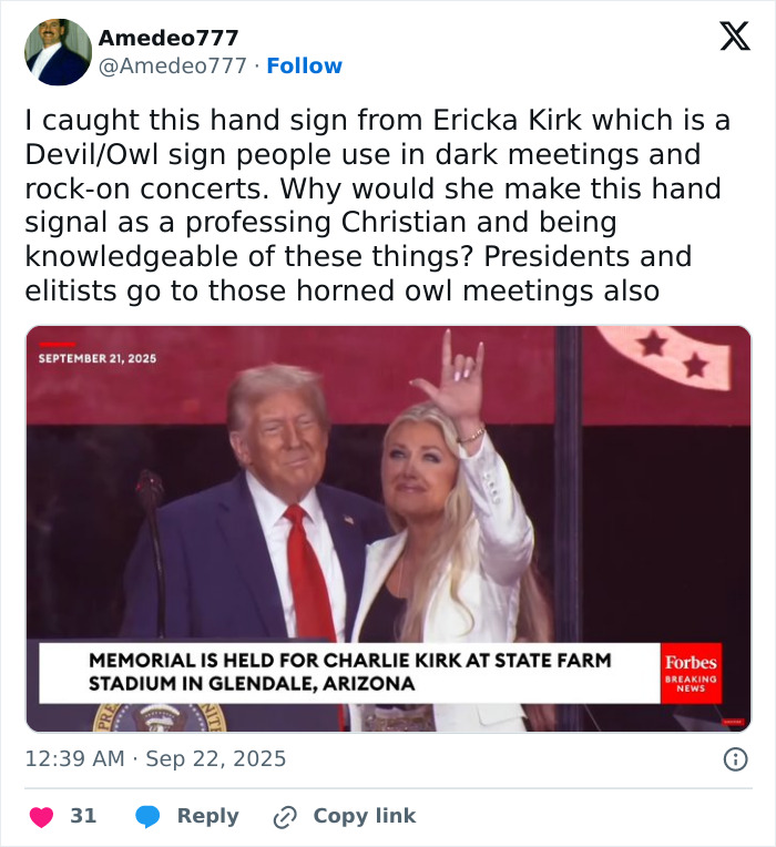 Erika Kirk making a hand gesture at husband's funeral, sparking viral devil sign claims on the internet. Erika Kirk making a hand gesture at husband's funeral, sparking viral devil sign claims on the internet.