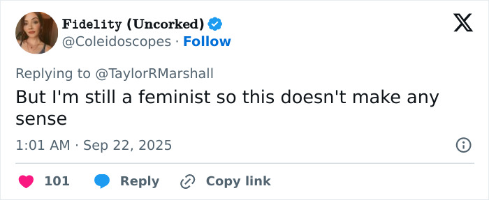 Tweet from user Fidelity responding to a feminist debate after viral claims about Erika Kirk at Charlie's funeral. Tweet from user Fidelity responding to a feminist debate after viral claims about Erika Kirk at Charlie's funeral.