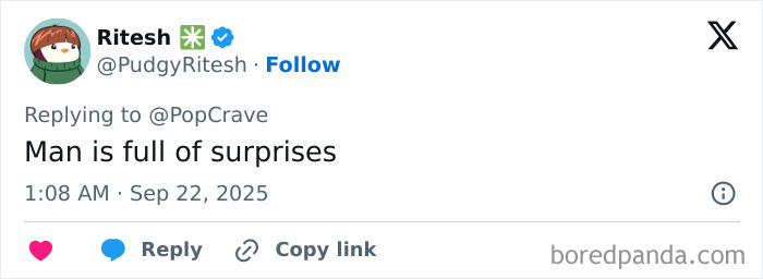 Tweet from Ritesh replying to PopCrave, captioned Man is full of surprises, referencing Harry Styles secretly running Berlin Marathon. Tweet from Ritesh replying to PopCrave, captioned Man is full of surprises, referencing Harry Styles secretly running Berlin Marathon.