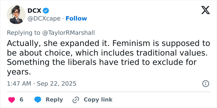 Tweet response debating feminism and choice, countering claims about the feminist movement after Erika Kirk’s funeral remarks. Tweet response debating feminism and choice, countering claims about the feminist movement after Erika Kirk’s funeral remarks.