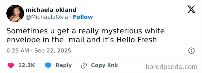 Tweet humor about mysterious mail featuring Hello Fresh, part of the funniest tweets of September that made people laugh the most.