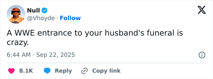 Screenshot of a social media post criticizing a WWE level entrance at a funeral as surprising and controversial. Screenshot of a social media post criticizing a WWE level entrance at a funeral as surprising and controversial.