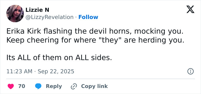 Tweet text accusing Erika Kirk of flashing devil horns, sparking internet reactions to her gesture during husband's funeral. Tweet text accusing Erika Kirk of flashing devil horns, sparking internet reactions to her gesture during husband's funeral.