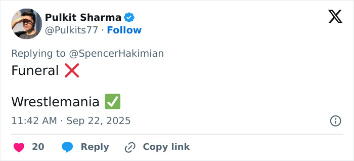 Tweet from Pulkit Sharma comparing a memorial to Wrestlemania with WWE level stuff mentioned by netizens online. Tweet from Pulkit Sharma comparing a memorial to Wrestlemania with WWE level stuff mentioned by netizens online.