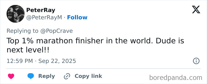 Tweet from user PeterRay praising a top 1 percent marathon finisher showing impressive speed at a Berlin marathon event. Tweet from user PeterRay praising a top 1 percent marathon finisher showing impressive speed at a Berlin marathon event.