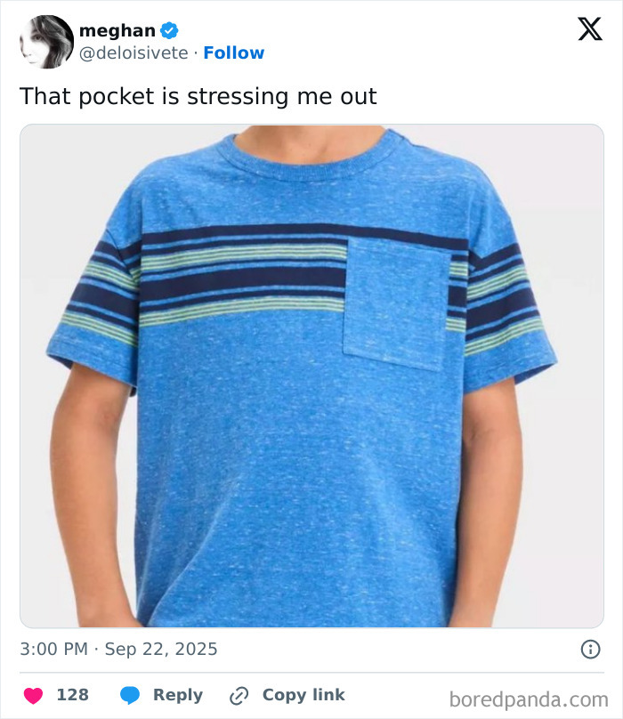 Child wearing a blue striped shirt with a misaligned pocket, illustrating a humorous parenting moment.