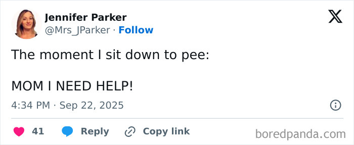 A humorous parenting post showing a tweet about needing help when sitting down to pee, reflecting relatable parenting moments.
