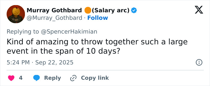Tweet from Murray Gothbard criticizing the Charlie Kirk memorial organizers for WWE level stuff and Erika’s surprising entrance. Tweet from Murray Gothbard criticizing the Charlie Kirk memorial organizers for WWE level stuff and Erika’s surprising entrance.