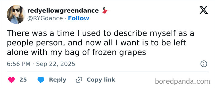 Tweet about wanting to be left alone with frozen grapes, reflecting humorous parenting posts that might make you chuckle.