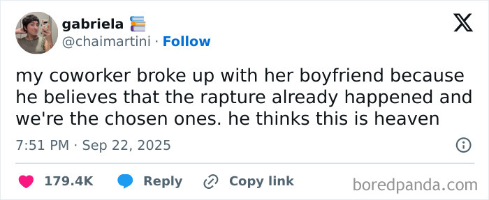 Screenshot of a funny tweet about a coworker’s breakup, featured among the funniest tweets of September.