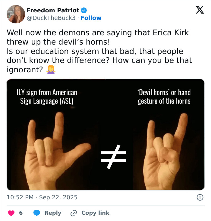 Image showing difference between American Sign Language ILY sign and devil horns gesture amid Erika Kirk's gesture controversy. Image showing difference between American Sign Language ILY sign and devil horns gesture amid Erika Kirk's gesture controversy.