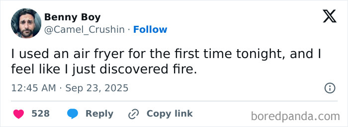 Tweet by Benny Boy humorously comparing using an air fryer to discovering fire, part of funniest tweets of September.