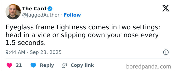 Screenshot of a humorous tweet about eyeglass frame tightness from the funniest tweets of September collection.