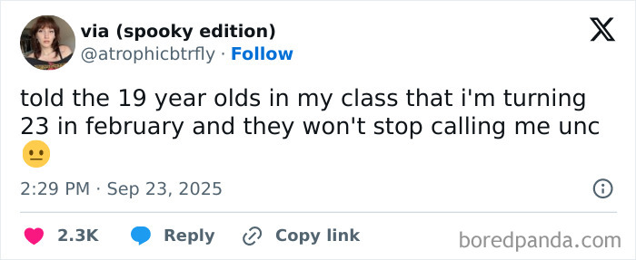 Screenshot of a funny tweet from September by user via (spooky edition) about turning 23 and being called unc.