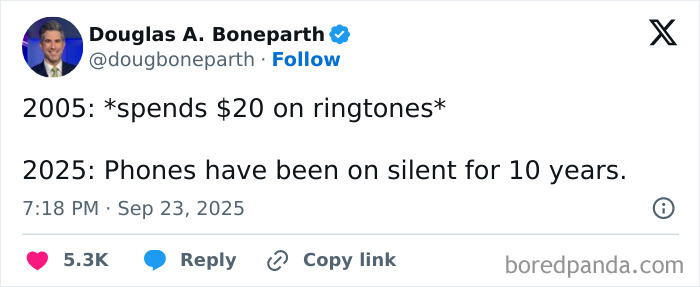 Tweet by Douglas A. Boneparth humorously comparing ringtone spending in 2005 to silent phones in 2025, part of funniest tweets.