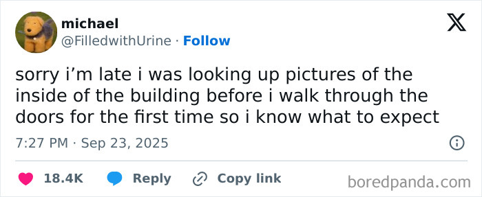 Tweet about being late because of looking up pictures inside a building, part of funniest tweets of September collection.