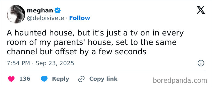 Tweet about a haunted house illusion involving multiple TVs, related to parenting posts that might make you chuckle.