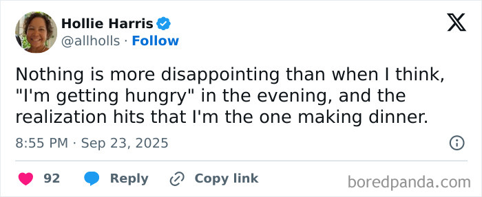 Tweet by Hollie Harris humorously describing parenting struggles with making dinner when feeling hungry in the evening.
