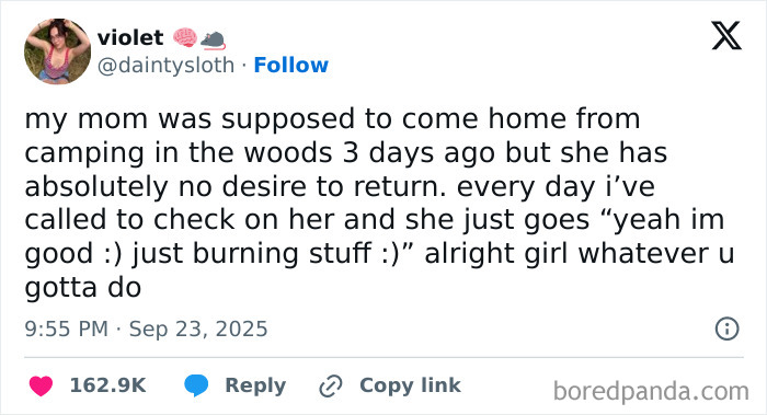 Funny tweet about a mom avoiding camping return, featured among the funniest tweets of September that made people laugh most.