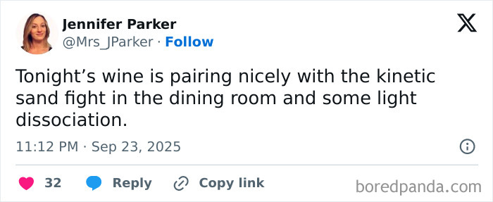 Parenting post humor about wine and kinetic sand fight, capturing relatable moments in parenting and family life.