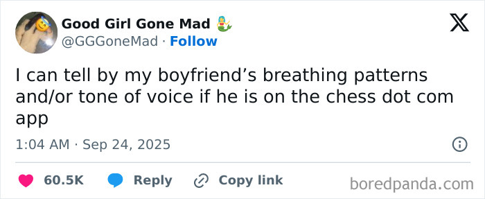 Tweet about noticing boyfriend’s breathing and tone when using chess dot com app, part of funniest tweets collection.