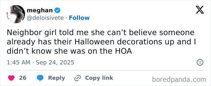 Tweet about a humorous parenting post mentioning Halloween decorations and a neighborhood HOA concern.